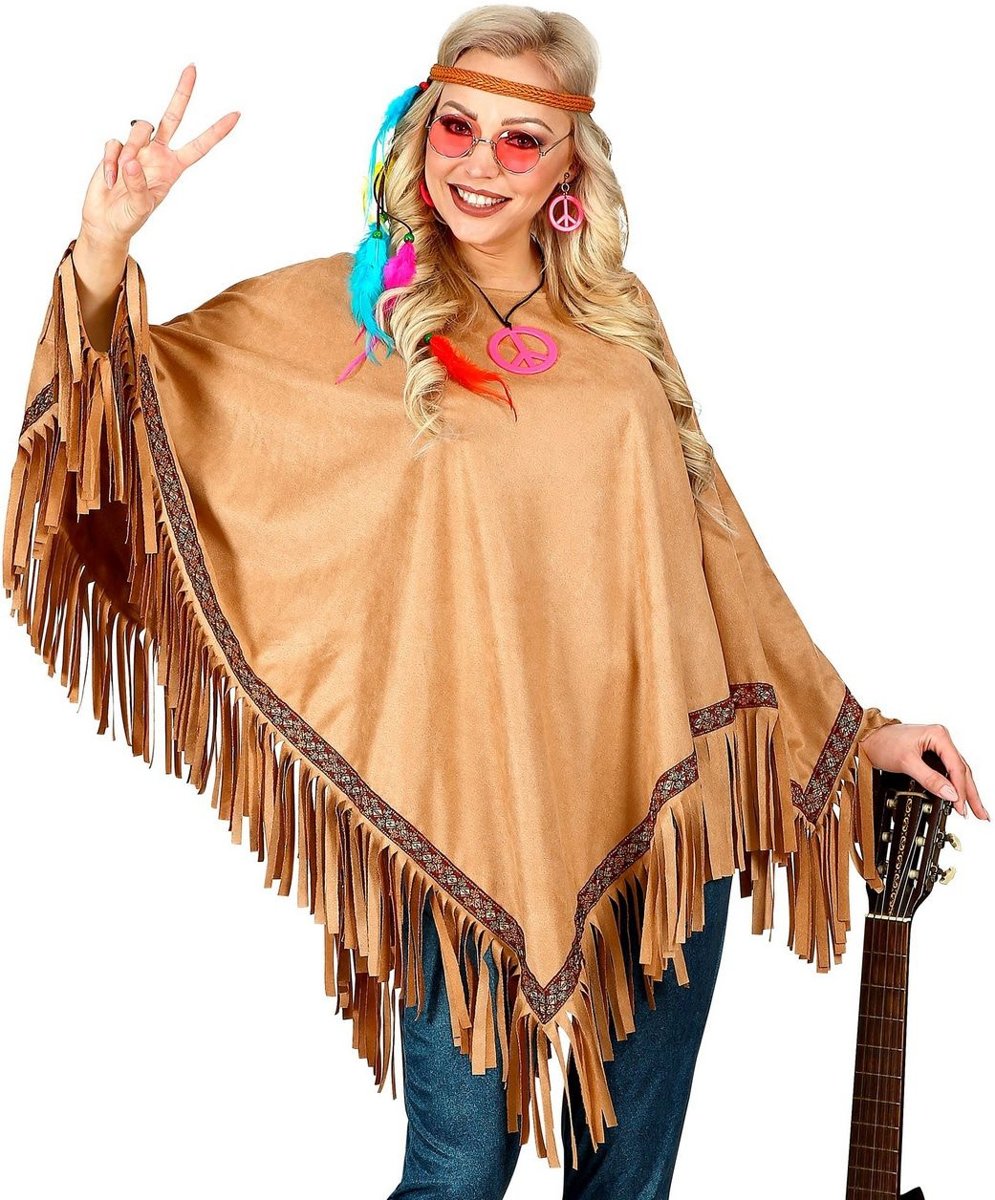 Indiaan Kostuum | Luxe Zandbruine Poncho Lonesome Cowboy | One Size | Carnaval kostuum | Verkleedkleding